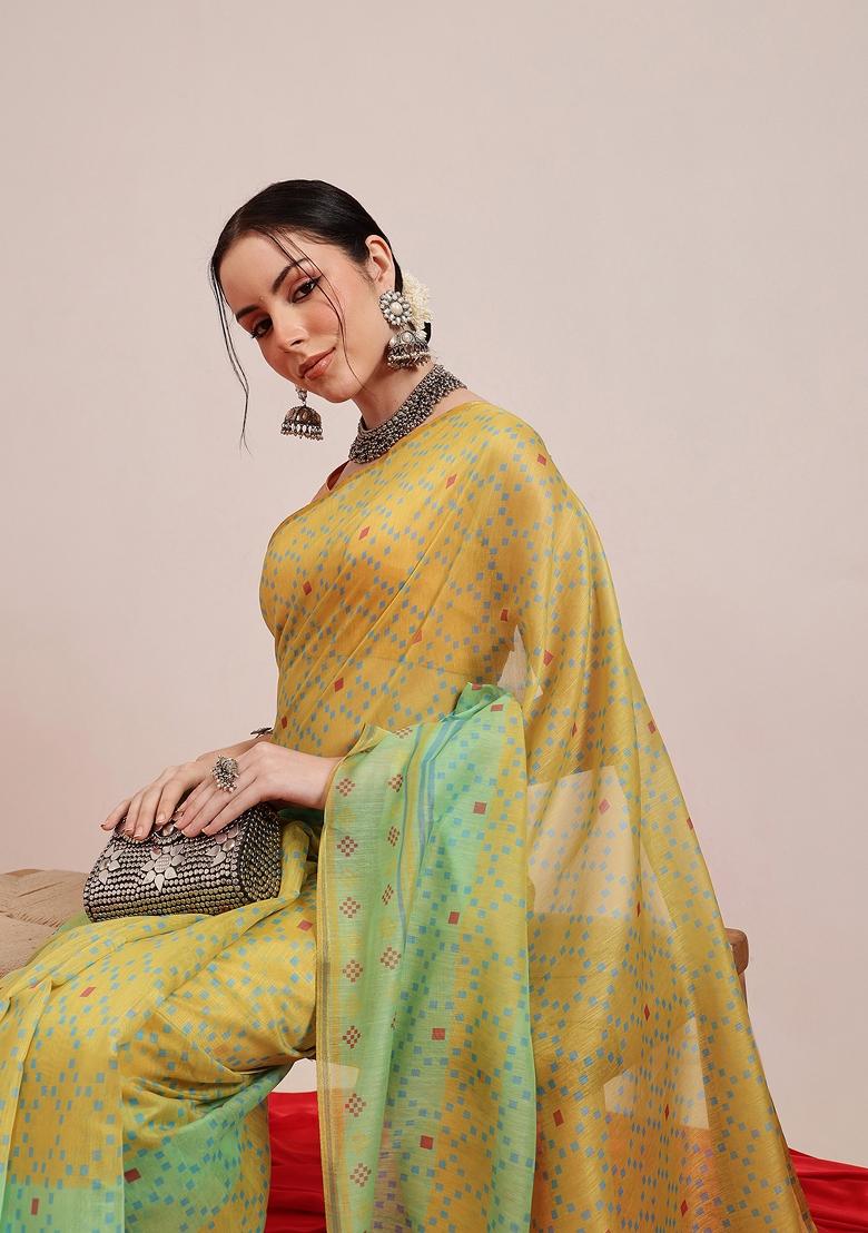 Olive Printed Chanderi Saree Set - Indya
