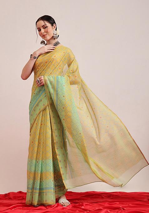 Olive Printed Chanderi Saree Set