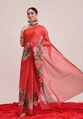 Red Printed Chanderi Saree Set