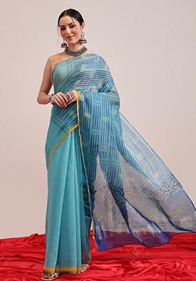 Teal Blue Printed Chanderi Saree Set