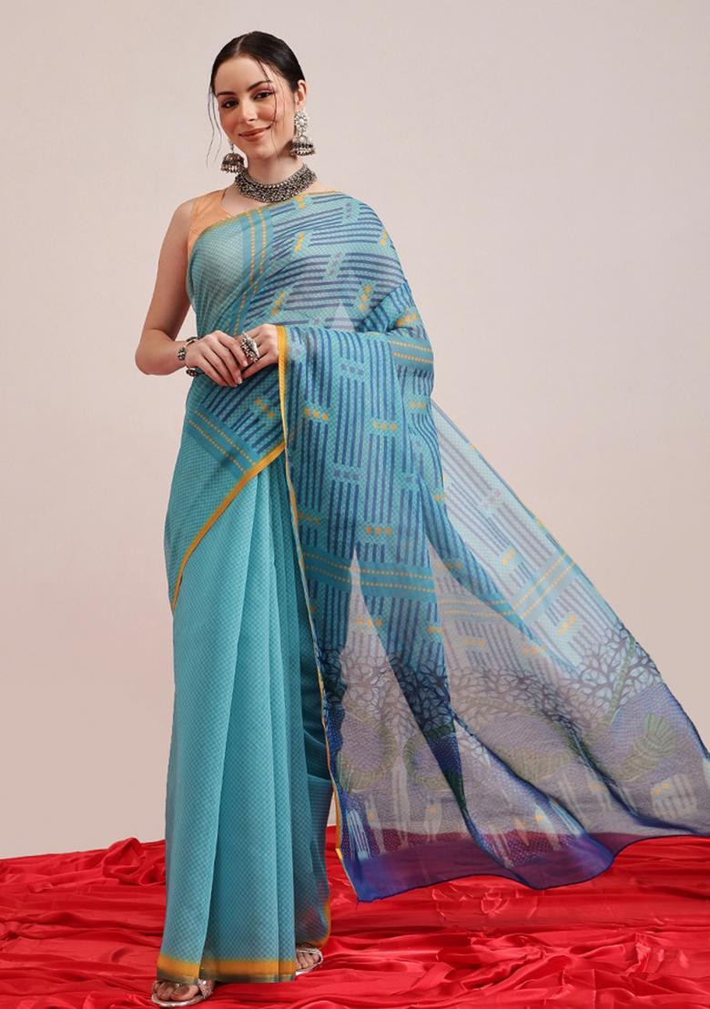 Teal Blue Printed Chanderi Saree Set