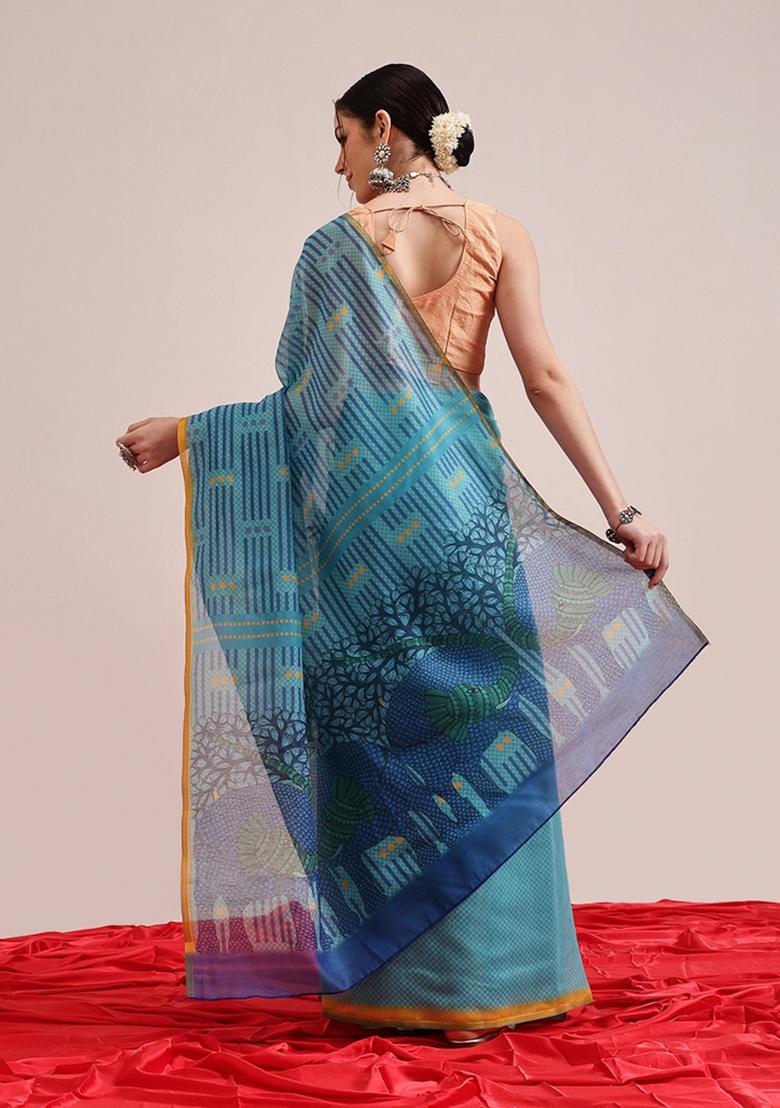 Teal Blue Printed Chanderi Saree Set
