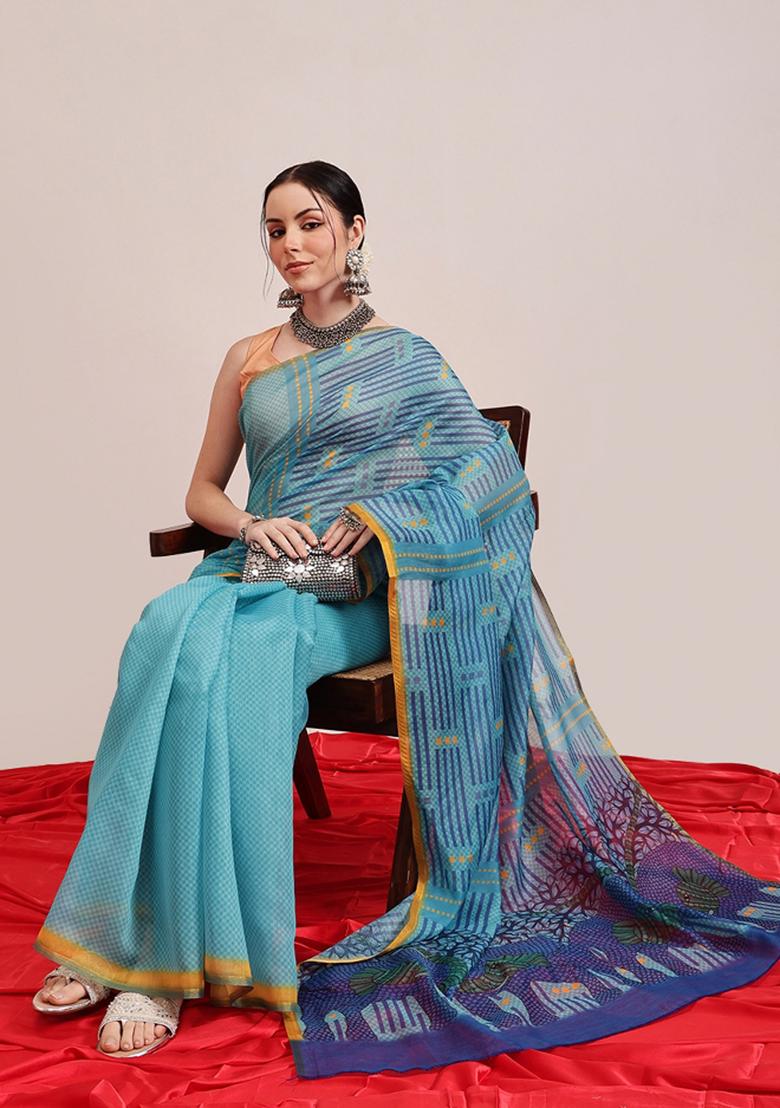 Teal Blue Printed Chanderi Saree Set