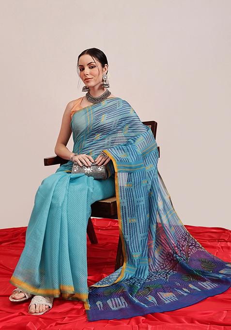 Teal Blue Printed Chanderi Saree Set