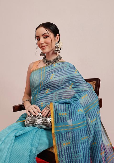 Teal Blue Printed Chanderi Saree Set