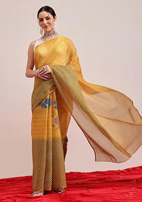 Yellow Printed Chanderi Saree Set
