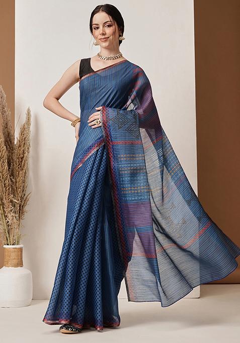 Blue Printed Silk Saree Set