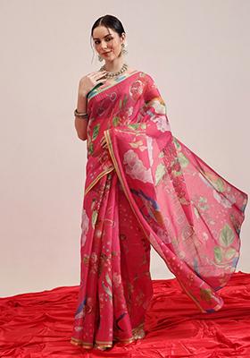 Pink Printed Silk Saree Set