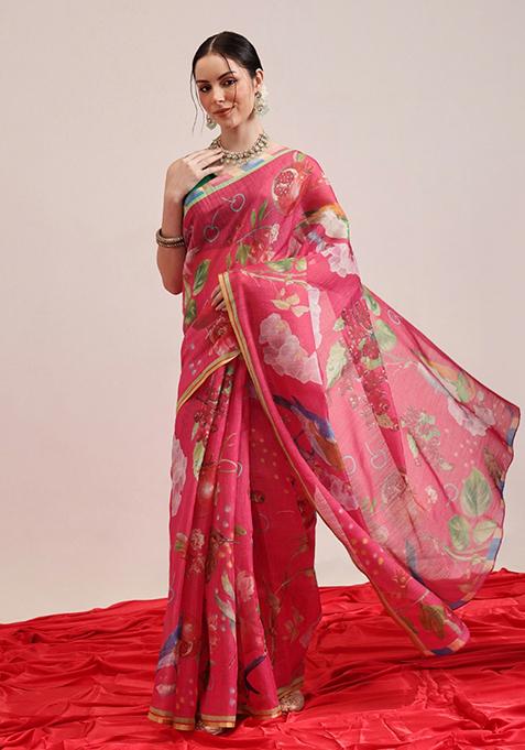 Pink Printed Silk Saree Set