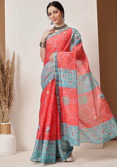 Red Printed Silk Saree Set