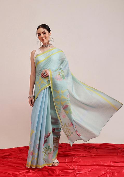 Blue Printed Silk Saree Set