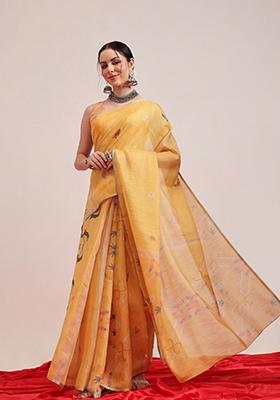 Yellow Printed Silk Saree Set