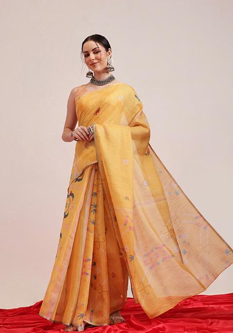 Yellow Printed Silk Saree Set