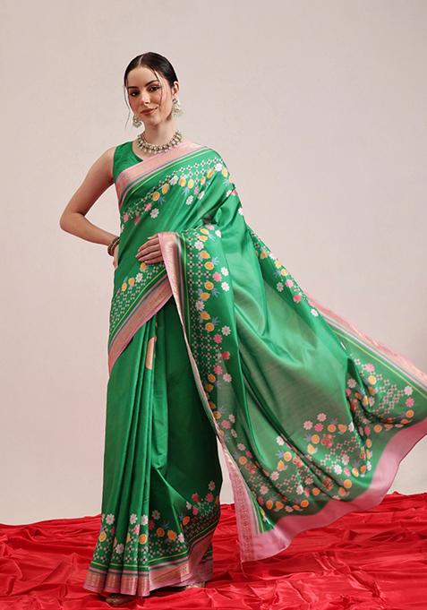 Green Printed Silk Saree Set