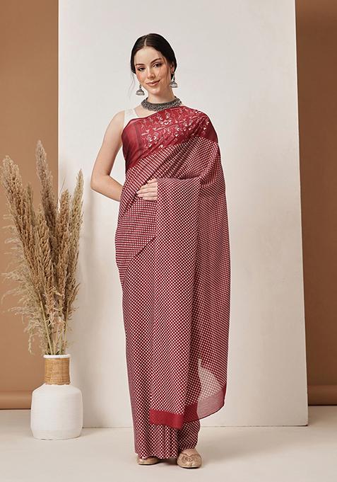 Maroon Abstract Print Cotton Saree Set