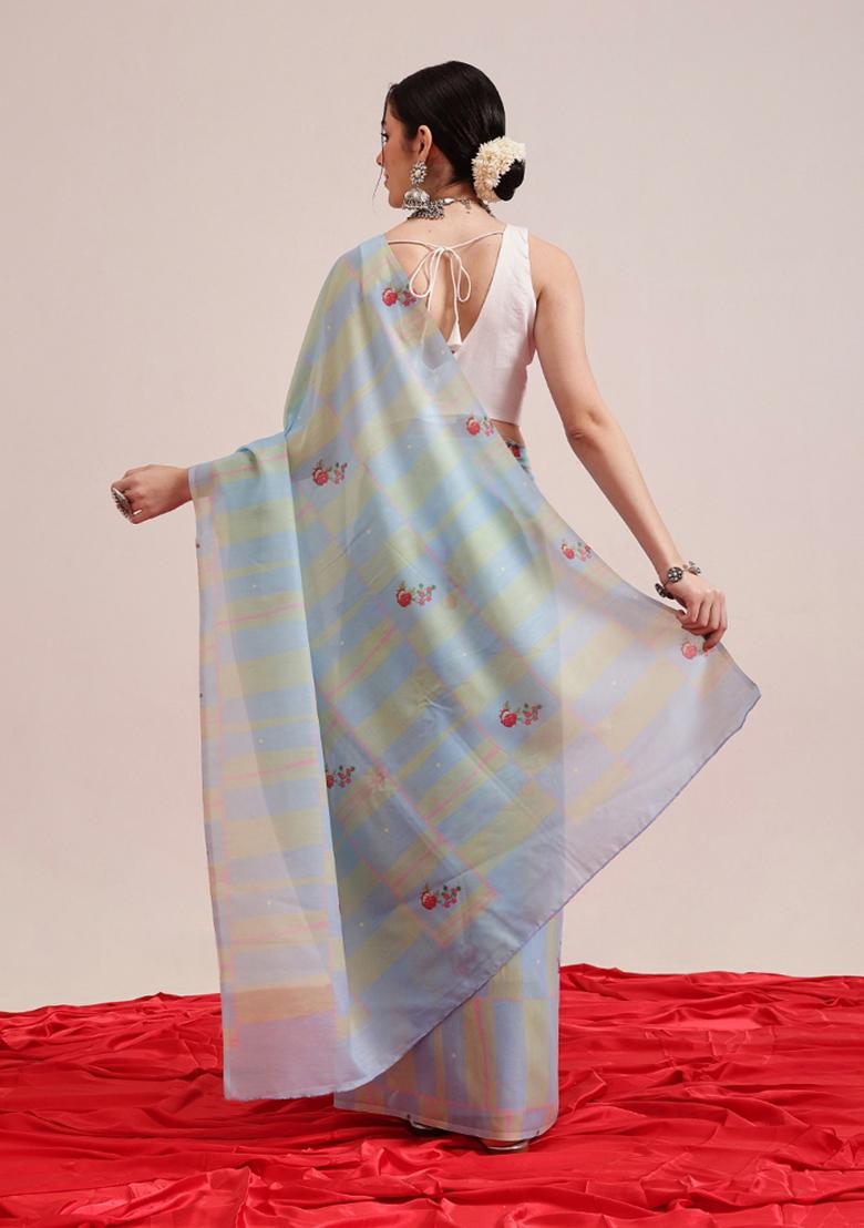 Blue Abstract Print Cotton Saree Set - Indya