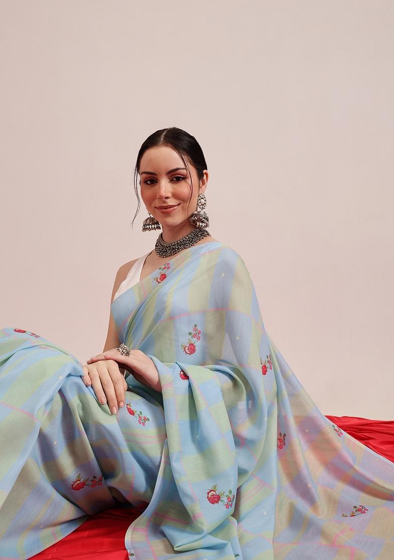 Blue Abstract Print Cotton Saree Set - Indya