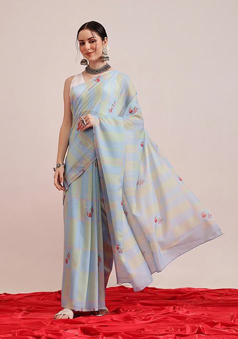 Blue Abstract Print Cotton Saree Set