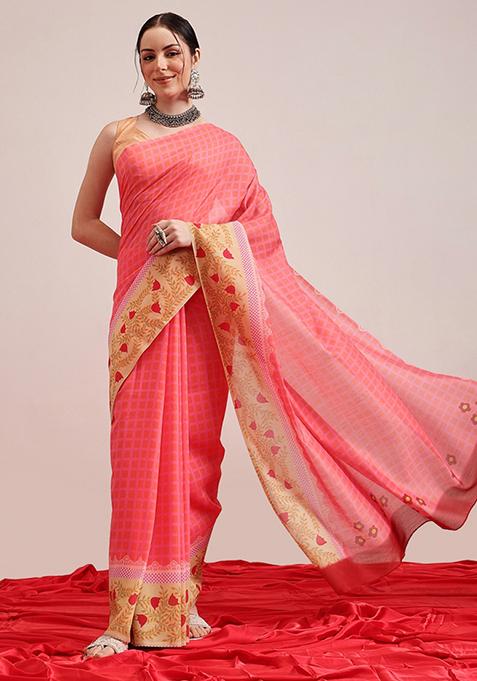 Pink Abstract Print Cotton Saree Set
