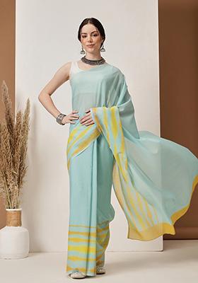 Teal Blue Abstract Print Cotton Saree Set