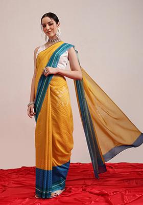 Yellow Abstract Print Cotton Saree Set