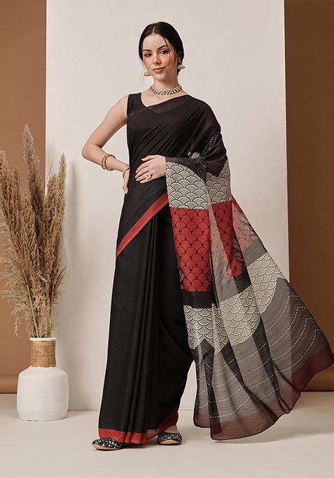 Black Printed Cotton Saree Set