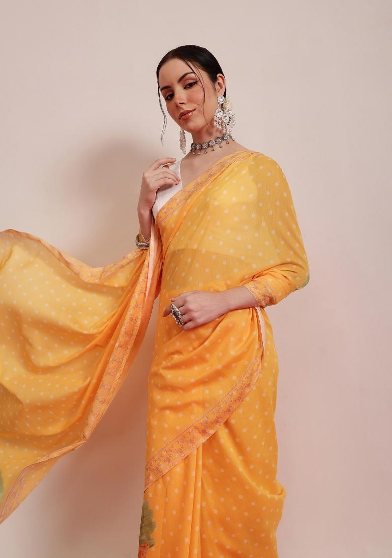 Mustard Yellow Printed Cotton Saree Set - Indya