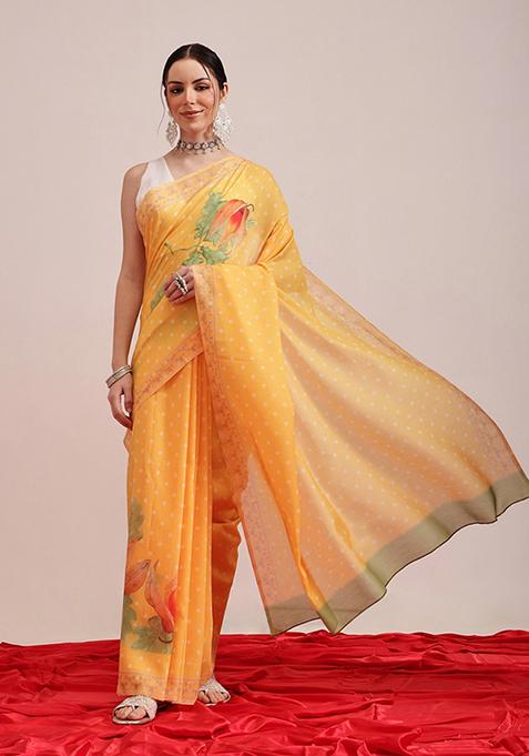 Mustard Yellow Printed Cotton Saree Set