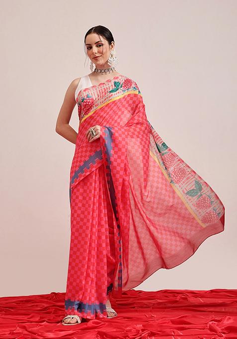 Pink Printed Cotton Saree Set