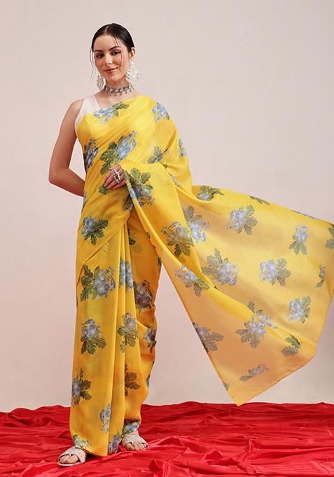 Yellow Printed Cotton Saree Set