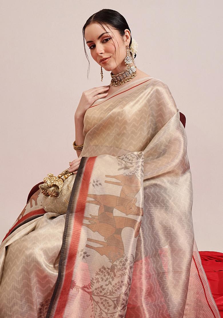 Beige Printed Silk Saree Set - Indya