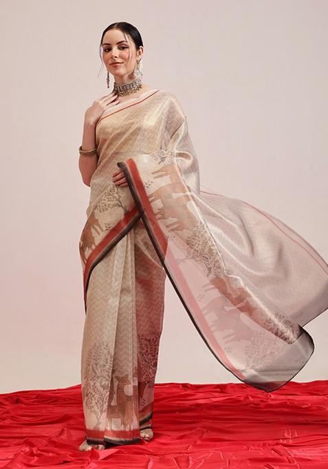Beige Printed Silk Saree Set