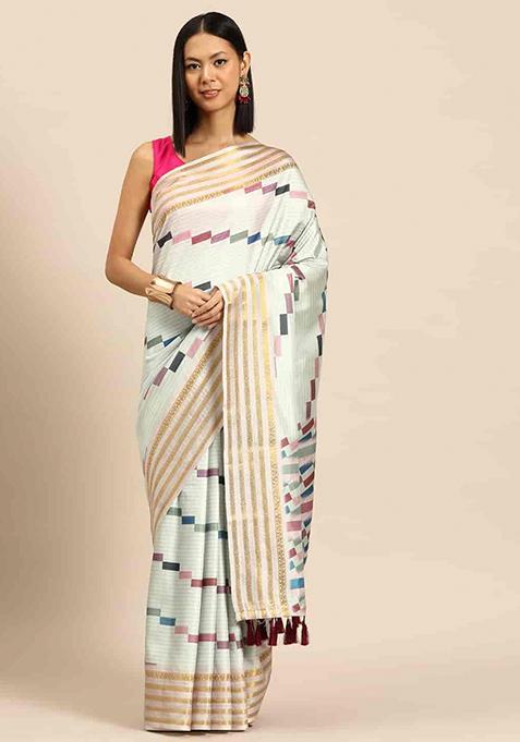 Turquoise Blue Printed Silk Saree Set