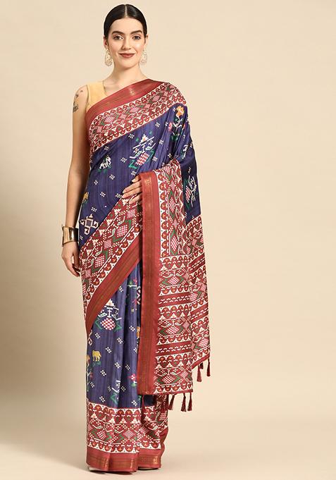 Navy Blue Printed Silk Saree Set