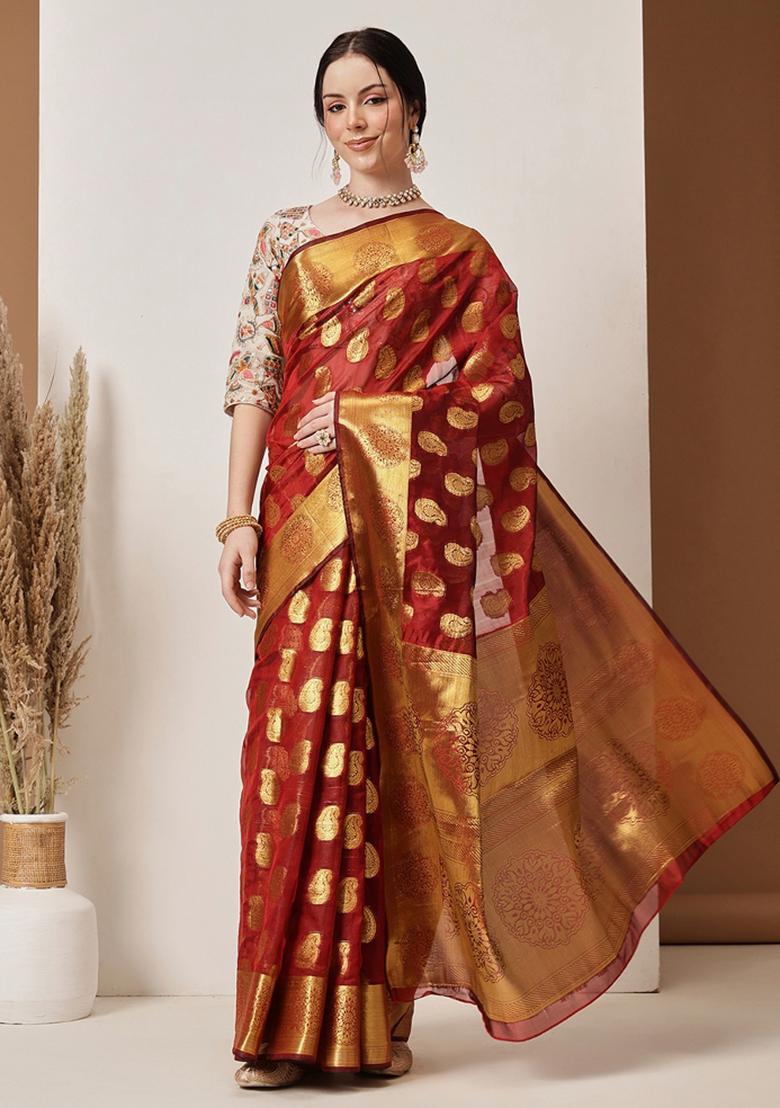 Maroon Zari Work Silk Saree Set