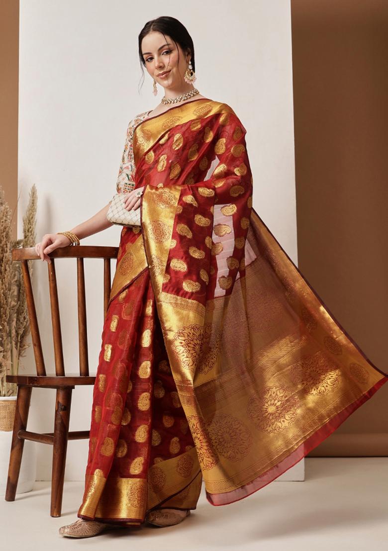 Maroon Zari Work Silk Saree Set