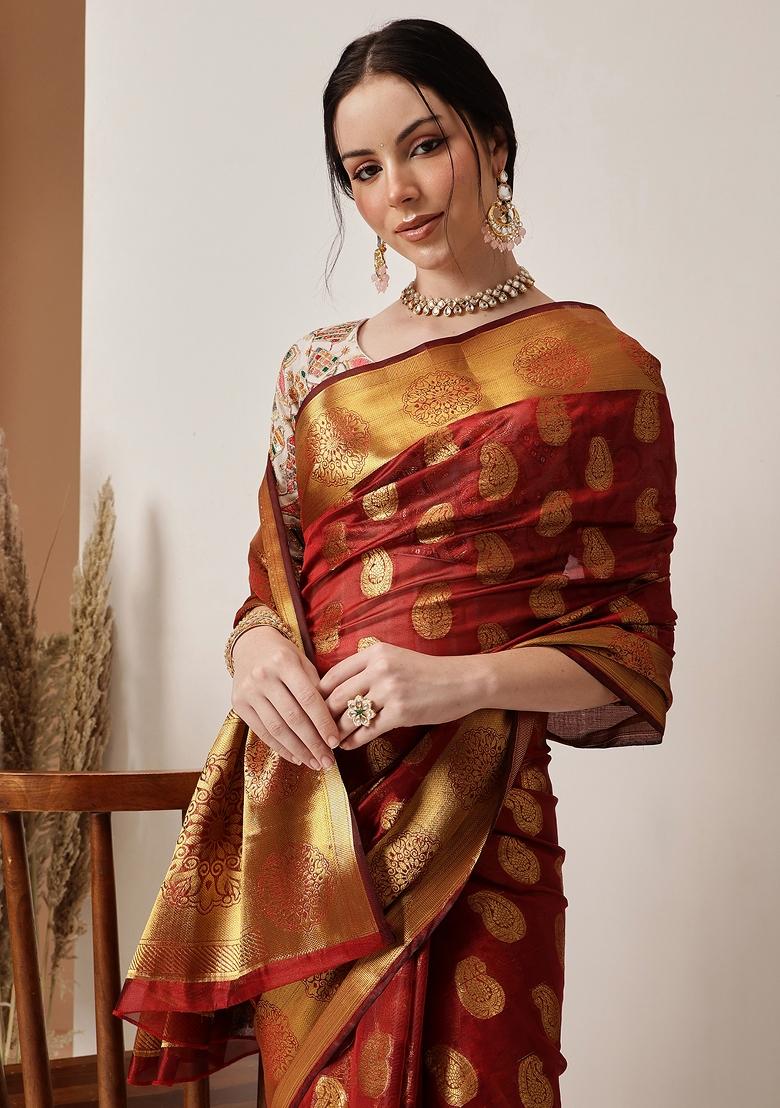 Maroon Zari Work Silk Saree Set - Indya