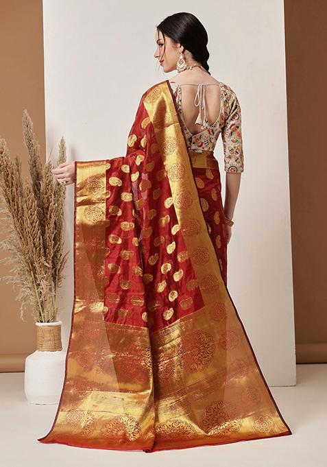 Maroon Zari Work Silk Saree Set