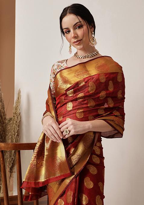 Maroon Zari Work Silk Saree Set