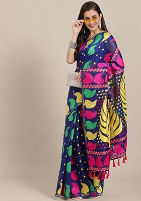 Navy Blue Embroidered Cotton Saree Set