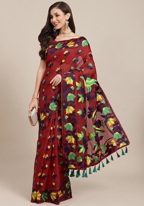 Red Embroidered Cotton Saree Set