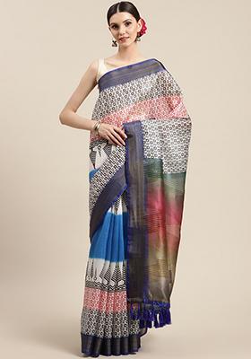 White Printed Silk Saree Set