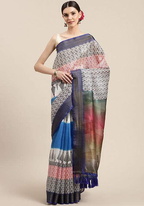 White Printed Silk Saree Set