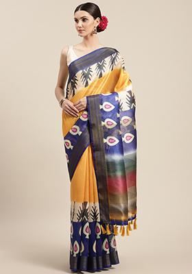 Navy Blue Printed Silk Saree Set