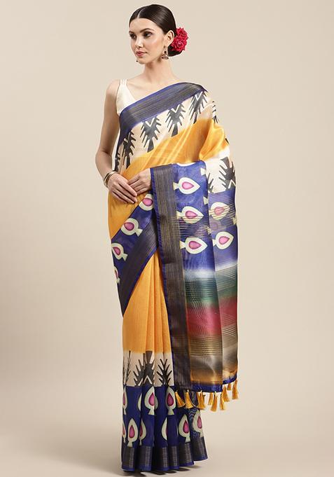 Navy Blue Printed Silk Saree Set