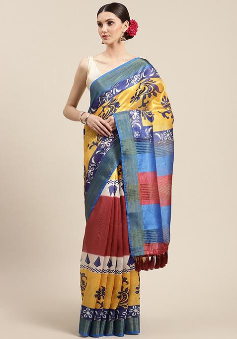 Navy Blue Printed Silk Saree Set