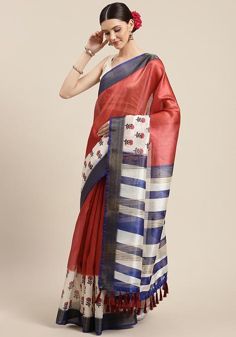 Red Printed Silk Saree Set