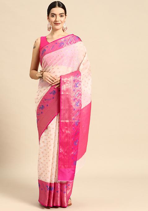 Off White Woven Silk Saree Set