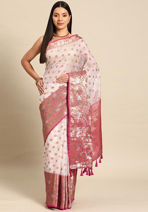 White Embroidered Silk Saree Set