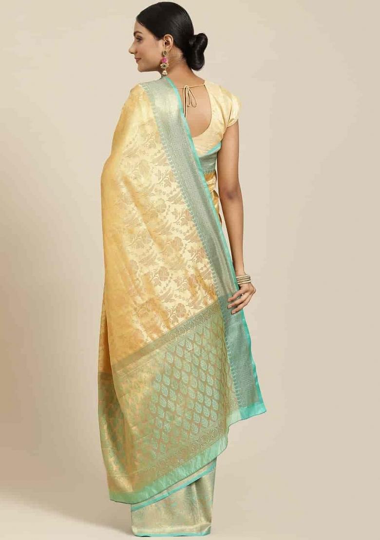 Beige Zari Work Silk Saree Set - Indya